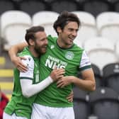 Joe Newell (R) celebrates his goal to make it 2-0 Hibs during this afternoon's Scottish Premiership match at St Mirren Park. (Photo by Ross Parker / SNS Group)