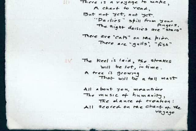 The handwritten original version of ECL: A New Child, which still hangs in the bedroom of Emma Catherine Lawson in Stromness. The poem was later altered for publication. PIC: Contributed.