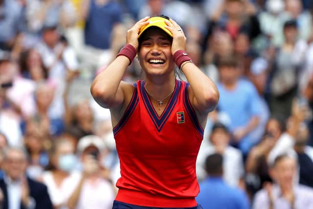 Emma Raducanu reacts after winning the US Open title.