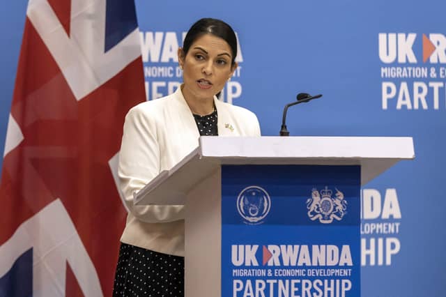 Priti Patel speaks to the media in Rwanda after signing what the two countries called an "economic development partnership"