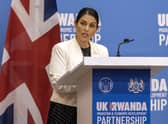 Priti Patel speaks to the media in Rwanda after signing what the two countries called an "economic development partnership"