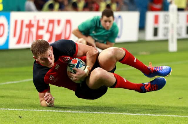 Ruaridh McConnochie scoring a try for England against USA at the Rugby World Cup in Japan in 2019. (Photo by David Rogers/Getty Images)