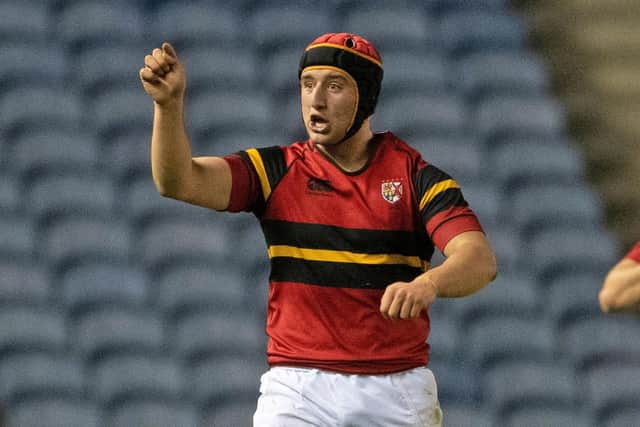 Elliot Young celebrates a try for Stewart's Melville during the Scottish Rugby Boys Schools Cup Finals at BT Murrayfield, on March 09, 2022. (Photo by Ross Parker / SNS Group)