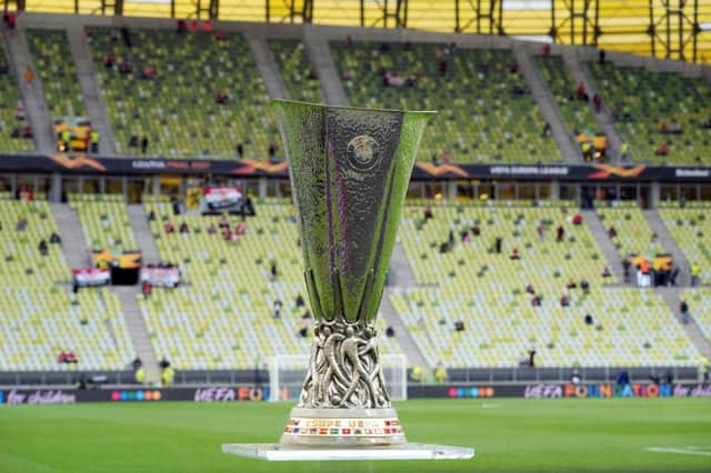 The Europa League trophy at the Gdansk Arena in Poland ahead of last season's final between Villarreal and Manchester United. Picture: SNS