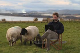 Farmer and author James Oswald crafts his latest novel watched by his sheep PIC: David Cruickshanks