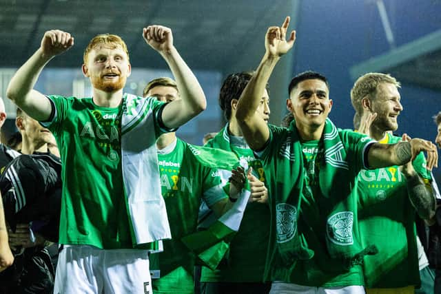 Celtic's Liam Scales and Luis Palma celebrate at full time at Kilmarnock.