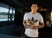 Footballer James Rodriguez received the adidas Golden Boot Trophy in recognition of scoring the most goals during the 2014 FIFA World Cup.