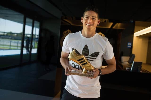 Footballer James Rodriguez received the adidas Golden Boot Trophy in recognition of scoring the most goals during the 2014 FIFA World Cup.