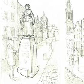 Artist's impressions showing the front and back views of the proposed statue of Dr Elsie Inglis on the Royal Mile