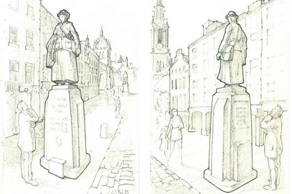 Artist's impressions showing the front and back views of the proposed statue of Dr Elsie Inglis on the Royal Mile