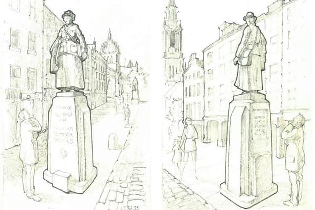 Artist's impressions showing the front and back views of the proposed statue of Dr Elsie Inglis on the Royal Mile