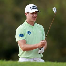 Calum Hill sizes up a shot in the first round of the Jonsson Workwear Open at The Club at Steyn City in South Africa. Picture: Warren Little/Getty Images.