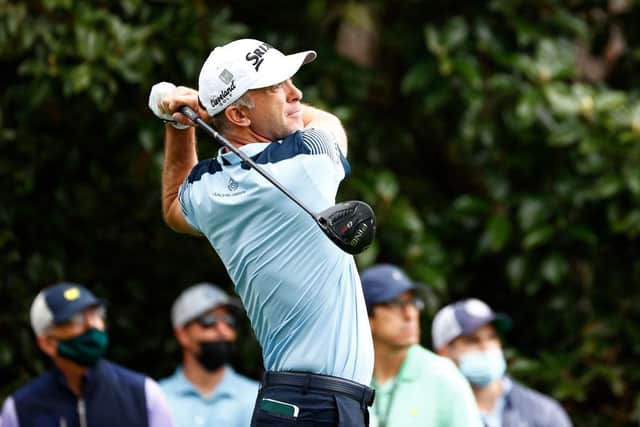 Martin Laird plays his shot from the ninth tee during the second round of the Masters at Augusta National Golf Club. Picture: Jared C. Tilton/Getty Images.