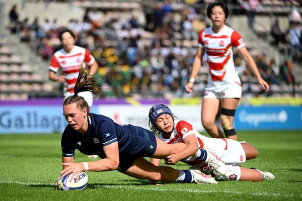 Emma Orr of Scotland scores their team's sixth try during the WXV 2 2023 match between Scotland and Japan at Athlone Sports Stadium on October 27, 2023 in Cape Town, South Africa. (Photo by Johan Rynners - World Rugby/World Rugby via Getty Images)