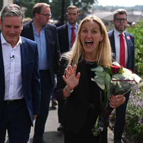 Labour Party leader Keir Starmer (left) and Labour candidate Kim Leadbeater leave Cleckheaton Memorial Park during a visit following Labour's victory in the Batley and Spen by-election. Picture: Oli Scarff/AFP via Getty Images
