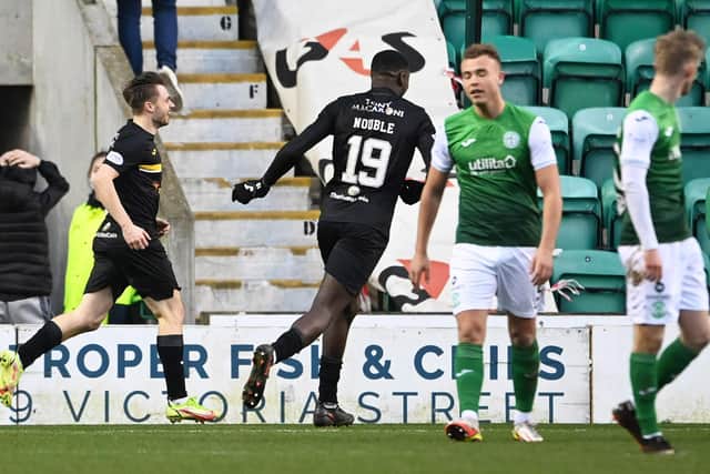Livingston's Alan Forrest celebrates making it 3-2 against Hibs at Easter Road. (Photo by Paul Devlin / SNS Group)