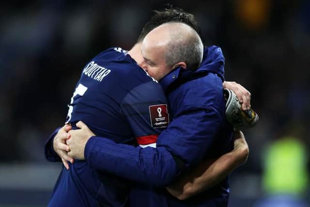 Scotland manager Steve Clarke celebrates with John Souttar at the end of the 2-0 win over Denmark which saw the Hearts defender mark his return to the side with a goal.(Photo by Craig Williamson / SNS Group)