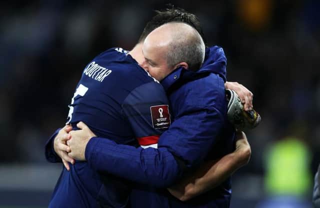 Scotland manager Steve Clarke celebrates with John Souttar at the end of the 2-0 win over Denmark which saw the Hearts defender mark his return to the side with a goal.(Photo by Craig Williamson / SNS Group)