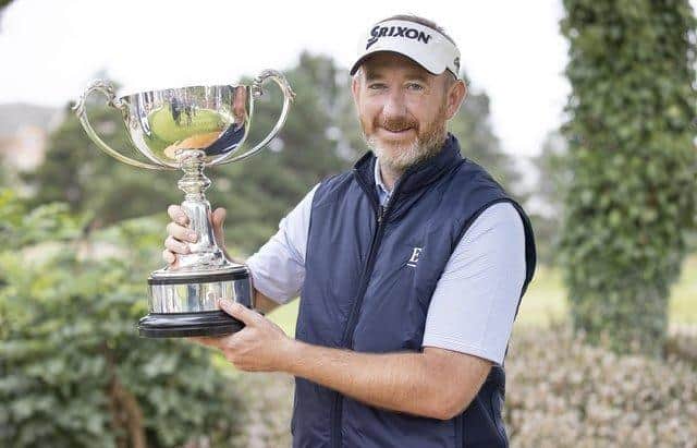 Graham Fox shows off the trophy after winning the 2021 Loch Lomond Whiskies Scottish PGA Championship at Deer Park. Picture: PGA in Scotland