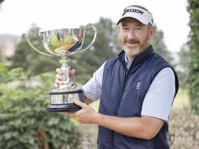 Graham Fox shows off the trophy after winning the 2021 Loch Lomond Whiskies Scottish PGA Championship at Deer Park. Picture: PGA in Scotland