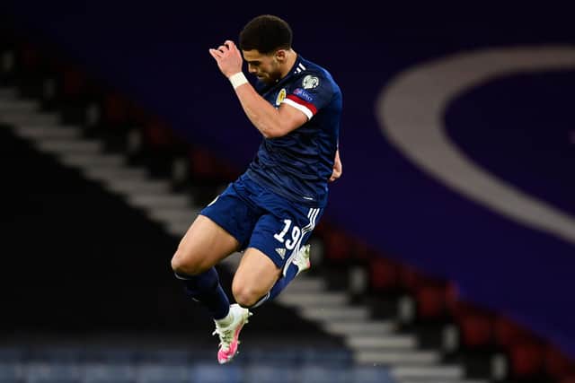 Che Adams celebrates after scoring in Scotland's 4-0  World Cup qualifier win over the  Faroe Islands at Hampden Park on Wednesday. (Photo by Rob Casey / SNS Group)