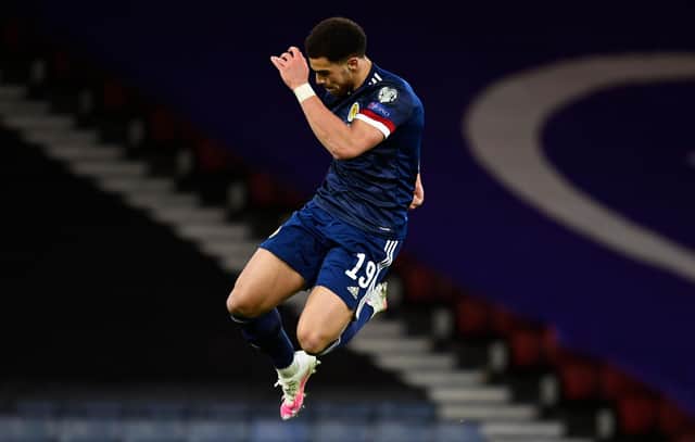 Che Adams celebrates after scoring in Scotland's 4-0 World Cup qualifier win over the Faroe Islands at Hampden Park on Wednesday. (Photo by Rob Casey / SNS Group)