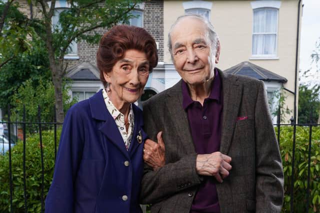 BBC handout photo of original EastEnders cast members Dot Cotton, played by June Brown and Dr Legg played by Leonard Fenton. Actor Leonard Fenton, who played Dr Harold Legg in EastEnders, has died at the age of 95. He appeared in EastEnders in its very first episode, with his last scenes airing in 2019.