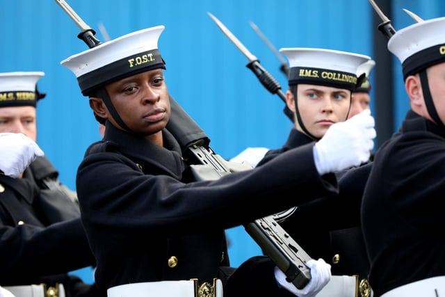 The Royal Navy's Ceremonial Guard in their final rehearsal for their duties at the Cenotaph in London, on Remembrance Sunday. They were photographed at Whale Island, Portsmouth. Picture: Chris Moorhouse   (jpns 101121-12)