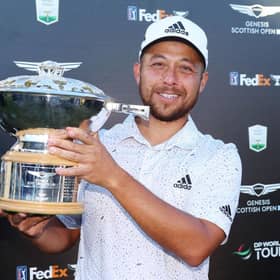 Xander Schauffele shows off the trophy after winning the Genesis Scottish Open at The Renaissance Club last month. Picture: Andrew Redington/Getty Images.
