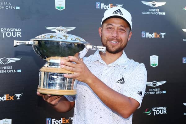 Xander Schauffele shows off the trophy after winning the Genesis Scottish Open at The Renaissance Club last month. Picture: Andrew Redington/Getty Images.