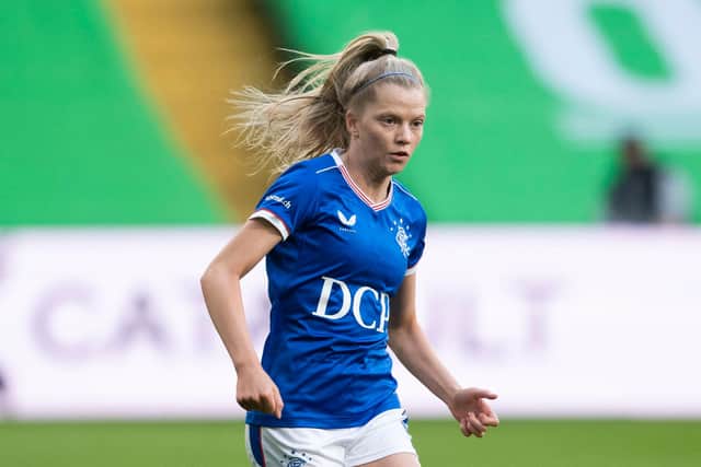 GLASGOW, SCOTLAND - APRIL 21: Brogan Hay in action for Rangers during a SWPL match between Celtic and Rangers at Celtic Park, on April 21, 2021, in Glasgow, Scotland. (Photo by Craig Foy / SNS Group)