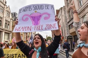 A woman protests against anti-abortion group March for Life's demo in London last September. PIC: Thomas Krych/SOPA Images/Shutterstock.