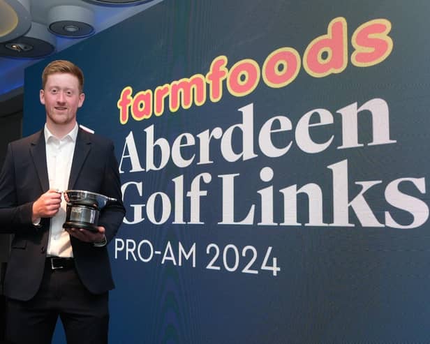 Greg Dalziel shows off the trophy after winning the Aberdeen Golf Links Pro Am. Picture: Five Star Sports Agency