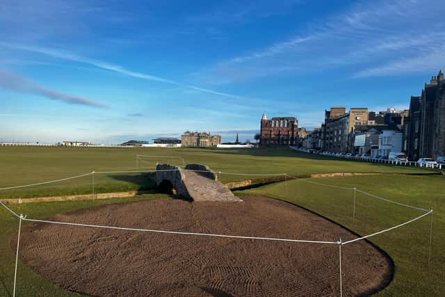 The circular area of stonework on the tee side of the Swilcan Bridge has been removed within hours of the St Andrews Links Trust announging a U-turn.