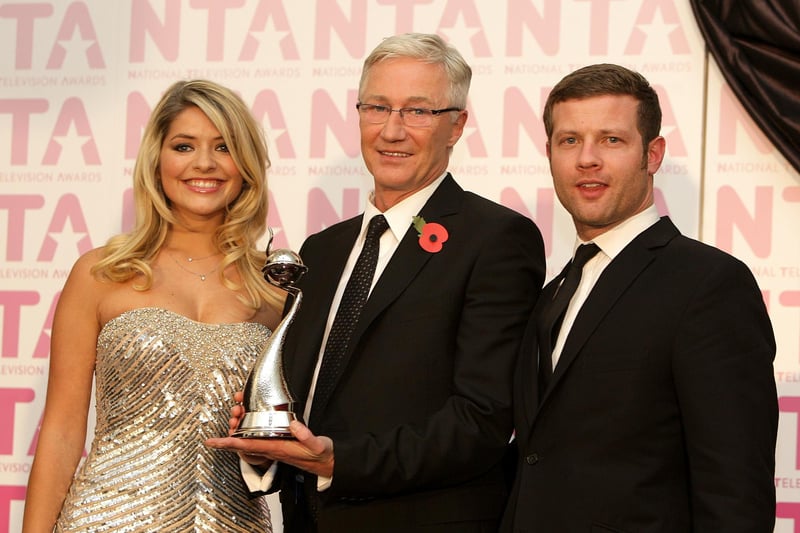 Paul O'Grady with his award for Most Popular Entertainment Programme with Holly Willoughby and Dermot O'Leary, at the 2008 National Television Awards at the Royal Albert Hall.