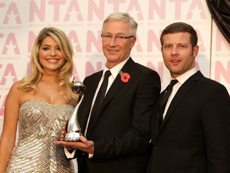 Paul O'Grady with his award for Most Popular Entertainment Programme with Holly Willoughby and Dermot O'Leary, at the 2008 National Television Awards at the Royal Albert Hall.