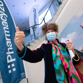 Wendy Milbank, aged 75, from Newmarket, after receiving the Oxford/Astrazeneca vaccine at the opening of a Pharmacy2U Covid-19 vaccination centre, at the Newmarket Racecourse, Suffolk picture: PA
