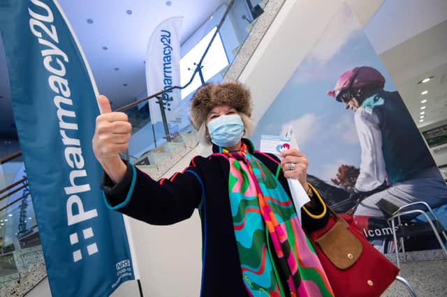 Wendy Milbank, aged 75, from Newmarket, after receiving the Oxford/Astrazeneca vaccine at the opening of a Pharmacy2U Covid-19 vaccination centre, at the Newmarket Racecourse, Suffolk picture: PA