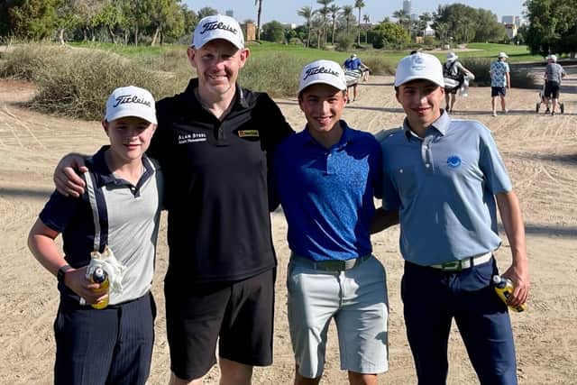 Stephen Gallacher, who first came across the Mukherjee boys through his foundation, pictured with Cameron, Ollie and Sam in Dubai earlier this year.