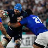 Blade Thomson in action for Scotland against Samoa at the 2019 Rugby World Cup.  (Photo by FILIPPO MONTEFORTE/AFP via Getty Images)