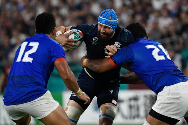 Blade Thomson in action for Scotland against Samoa at the 2019 Rugby World Cup.  (Photo by FILIPPO MONTEFORTE/AFP via Getty Images)