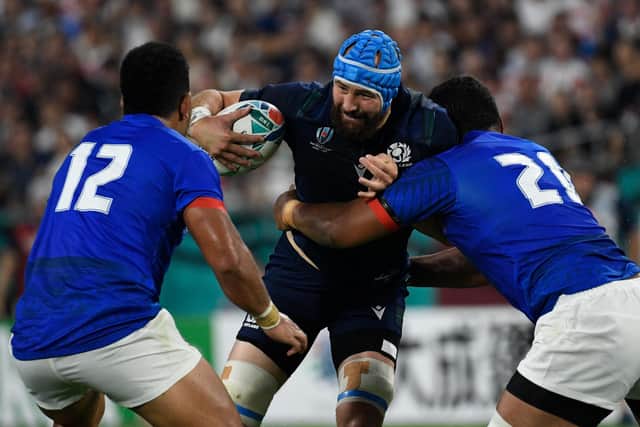 Blade Thomson in action for Scotland against Samoa at the 2019 Rugby World Cup. (Photo by FILIPPO MONTEFORTE/AFP via Getty Images)