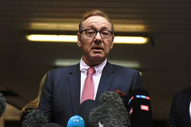 Kevin Spacey speaks to reporters outside Southwark Crown Court in July 2023 in London after being cleared of all sexual assault charges brought by men during his time as Artistic Director of The Old Vic Theatre (Picture: Chris J Ratcliffe/Getty Images)