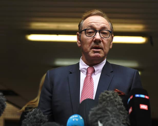 Kevin Spacey speaks to reporters outside Southwark Crown Court in July 2023 in London after being cleared of all sexual assault charges brought by men during his time as Artistic Director of The Old Vic Theatre (Picture: Chris J Ratcliffe/Getty Images)