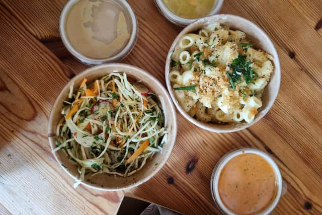 Mac and cheese, slaw and dips