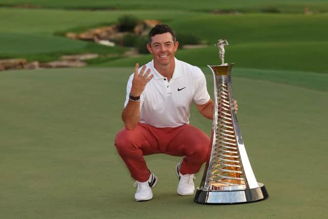 Rory McIlroy celebrates winning the Harry Vardon Trophy after topping the DP World Tour Rankings for a fourth time, having also won the FedEx Cup as the PGA Tour No 1 earlier in the year. Picture: Andrew Redington/Getty Images.
