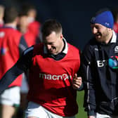 Stuart Hogg and Finn Russell together on Scotland duty. They will be on opposite sides on Saturday night.