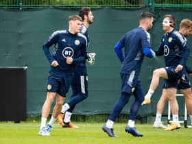 Nathan Patterson (left) in training with Scotland at Oriam in Edinburgh on Sunday ahead of the World Cup play-off semi-final against Ukraine at Hampden on Wednesday. (Photo by Paul Devlin / SNS Group)
