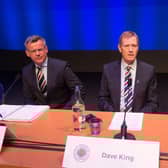 Former Rangers chairman Dave King (centre) with managing director Stewart Robertson (left) and current chairman Douglas Park (right) at the club's annual general meeting in November 2017. (Photo by Alan Harvey/SNS Group).