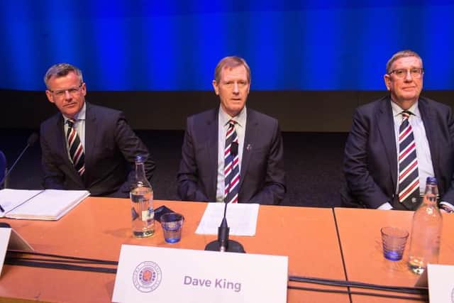 Former Rangers chairman Dave King (centre) with managing director Stewart Robertson (left) and current chairman Douglas Park (right) at the club's annual general meeting in November 2017. (Photo by Alan Harvey/SNS Group).